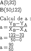 3$\rm A(0;32)\\B(50;122)\\ \;\\\\Calcul de a :\\a=\frac{Y_B-Y_A}{X_B-X_A}\\\\a=\frac{122-32}{50-0}\\a=\frac{90}{50}